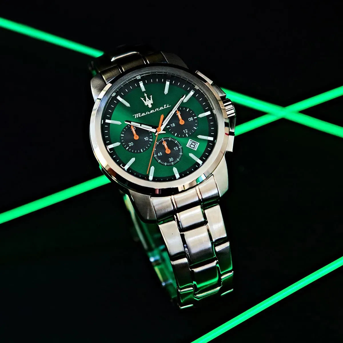 Maserati Successo Chronograph Green Dial Silver Steel Strap Watch for Men - R8873621043