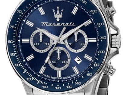 Maserati SFIDA Chronograph Blue Dial Silver Steel Strap Watch for Men - R8873640025
