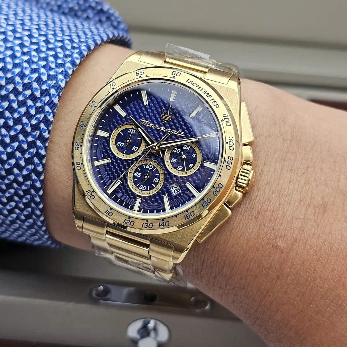 Maserati Velocità Chronograph Blue Dial Gold Steel Strap Watch for Men - R8873652002