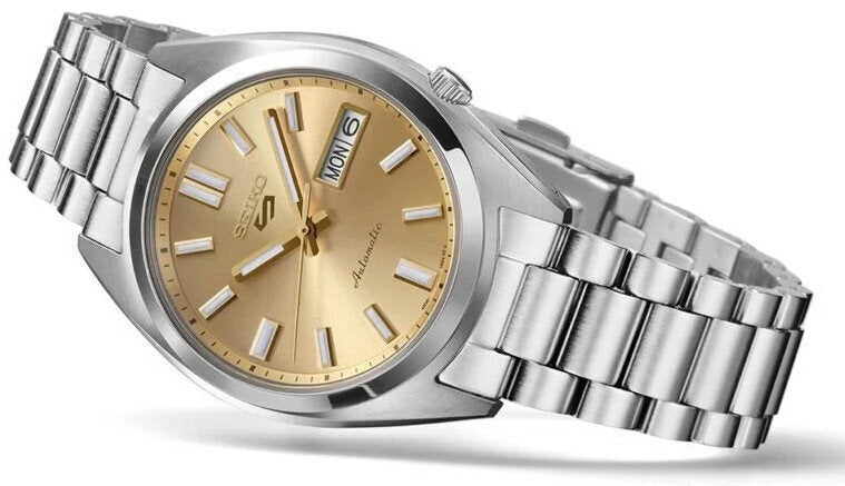 Seiko 5 Sports Automatic Gold Dial Silver Steel Strap Watch for Men - SRPL59K1