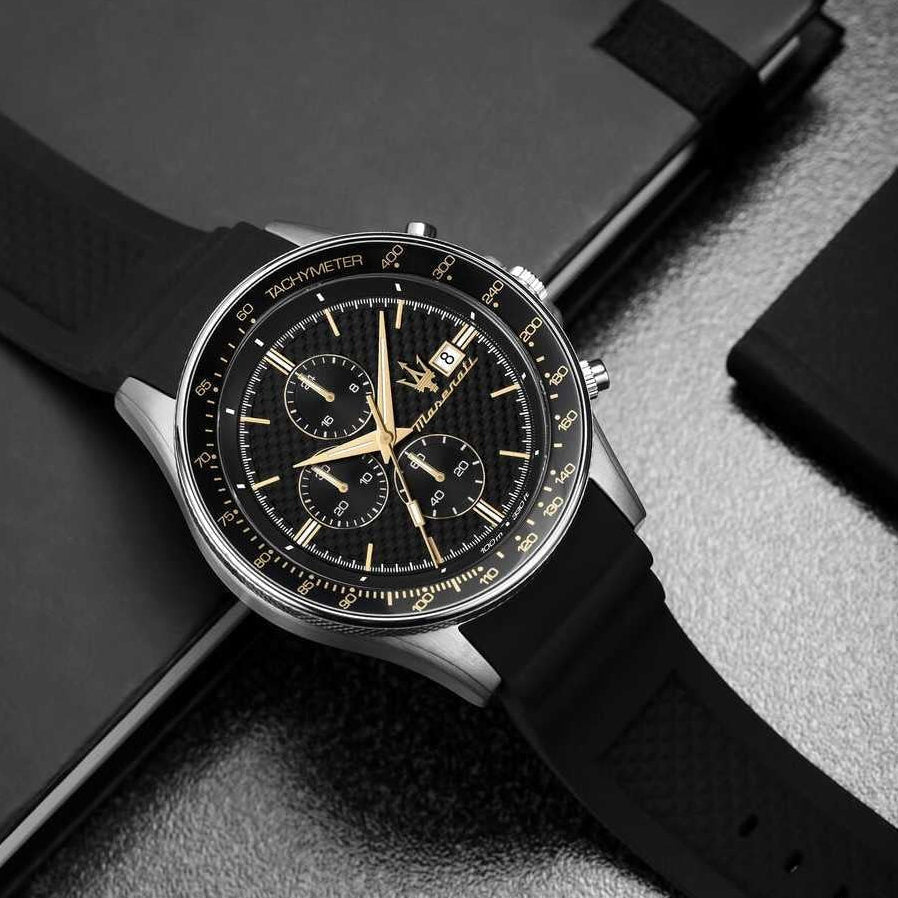 Maserati SFIDA Chronograph Black Dial Black Silicone Strap Watch for Men - R8871640005