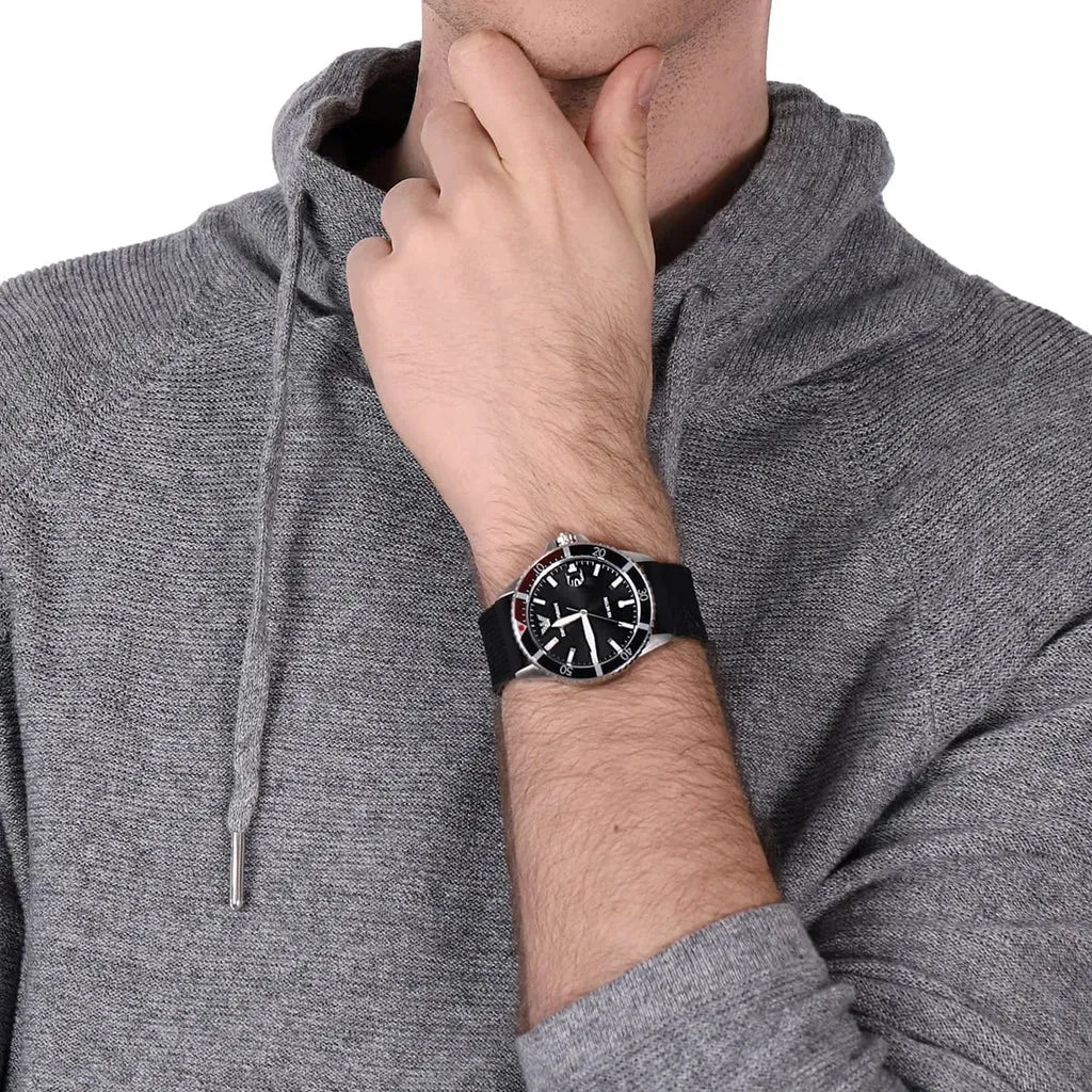 Emporio Armani Diver Black Dial Black Silicon Strap Watch for Men - AR11341