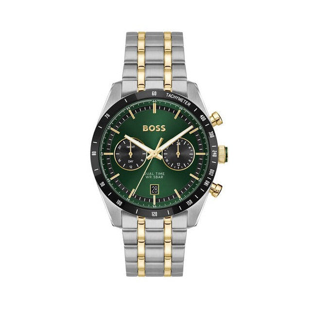 Hugo Boss Tourmaster Chronograph Green Dial Two Tone Steel Strap Watch for Men - 1514287