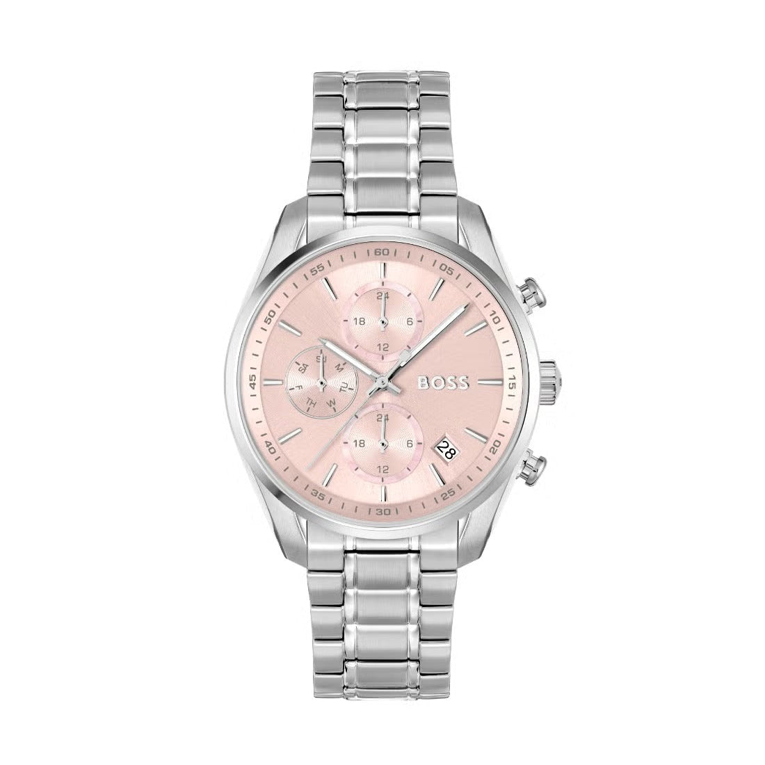 Hugo Boss Grand Tour Chronograph Pink Mother of Pearl Dial Silver Steel Strap Watch for Women - 1502765