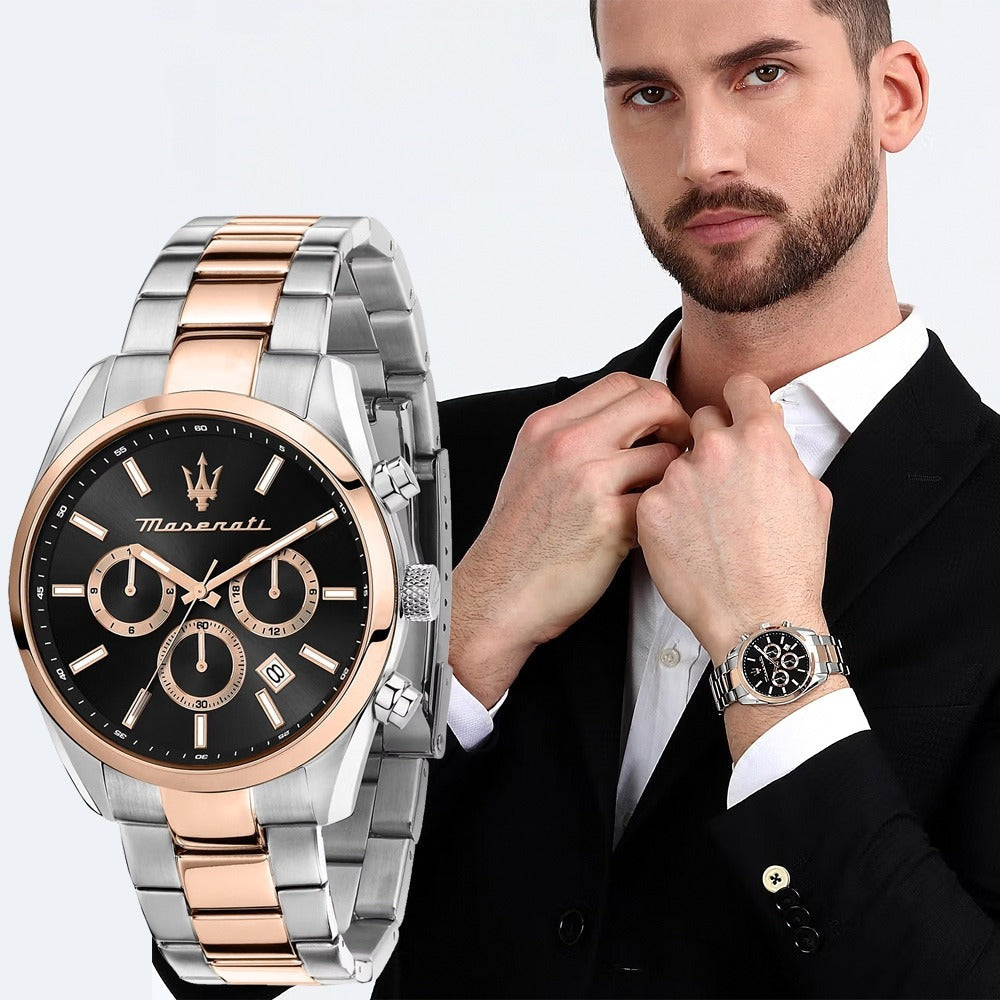 Maserati Attrazione Chronograph Black Dial Two Tone Steel Strap Watch for Men - R8853151002