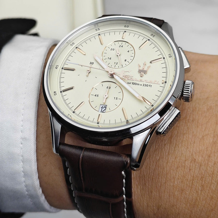 Maserati Sorpasso Chronograph White Dial Brown Leather Strap Watch for Men - R8871624010