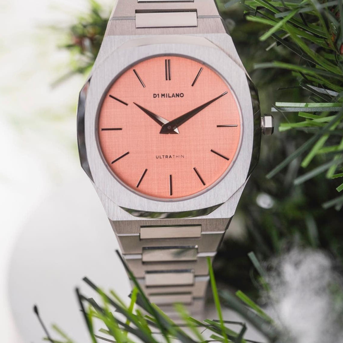 D1 Milano Ultra Thin Salmon Pink Dial Silver Steel Strap Watch for Men - D1-UTBJ26