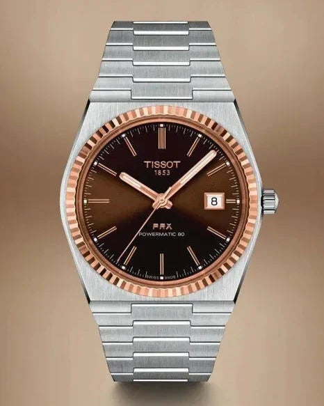 Tissot PRX Powermatic 80 18K Gold Brown Dial Silver Steel Strap Watch for Men - T931.407.41.291.00