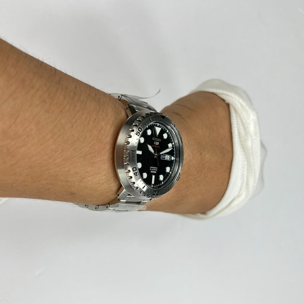 Seiko 5 Sports Automatic Black Dial Silver Steel Strap Watch for Men - SRPC61J1