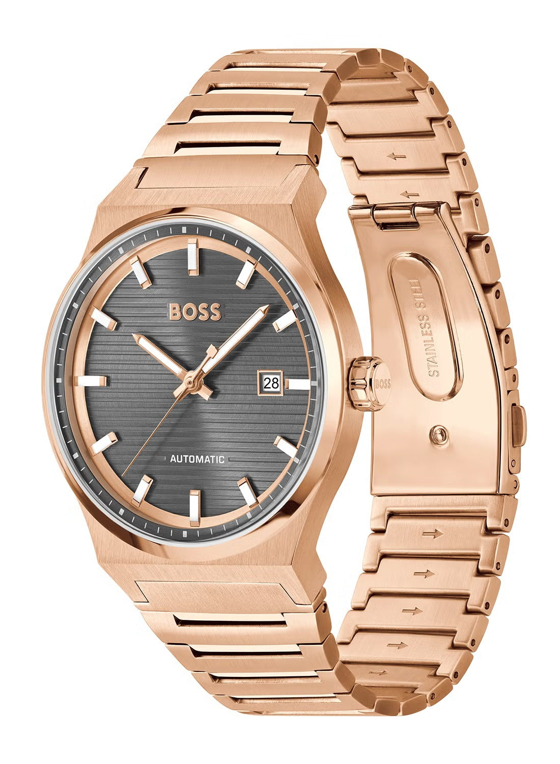 Hugo Boss Candor Automatic Grey Dial Rose Gold Steel Strap Watch for Men - 1514185