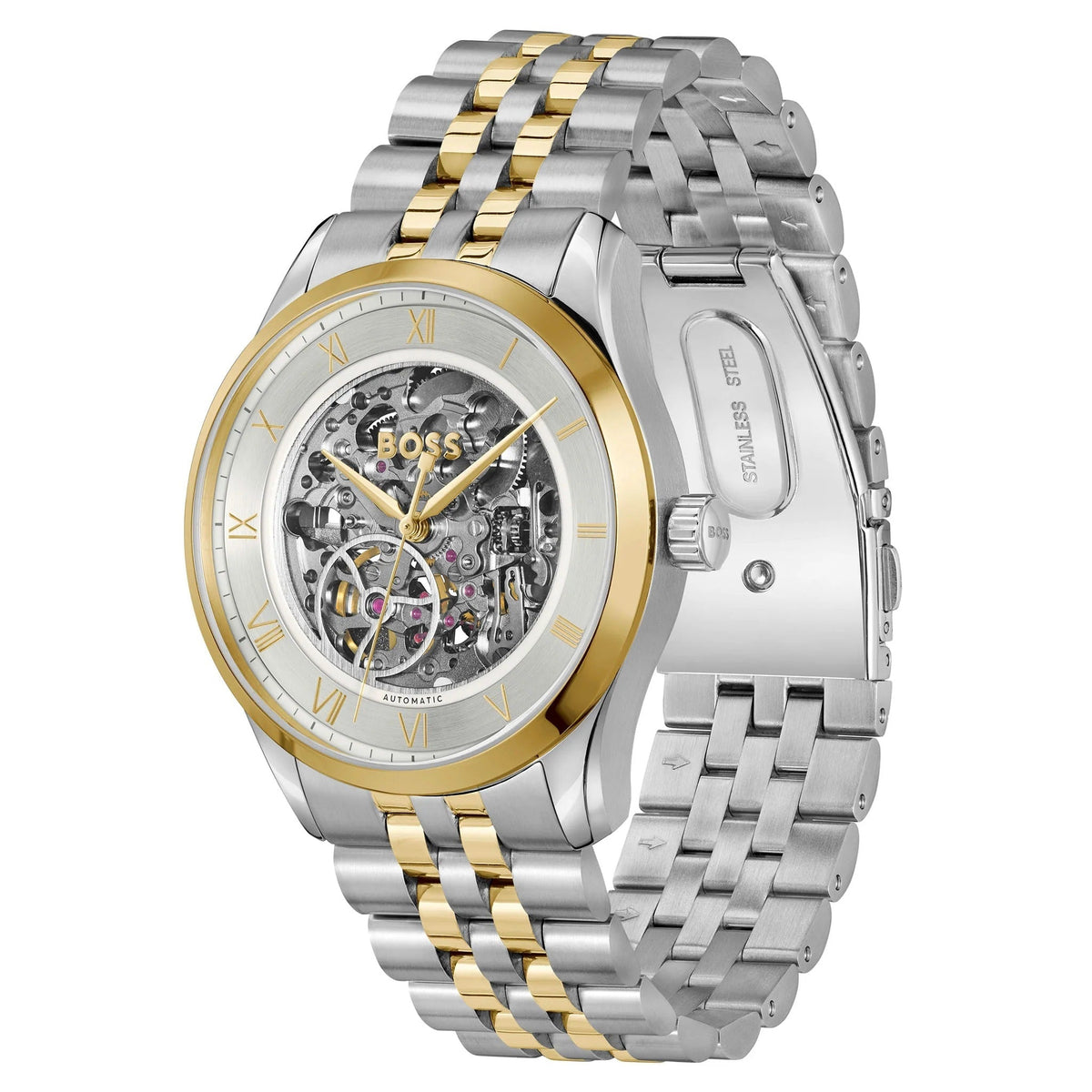 Hugo Boss Principle Skeleton Silver Dial Two Tone Steel Strap Watch for Men - 1514237