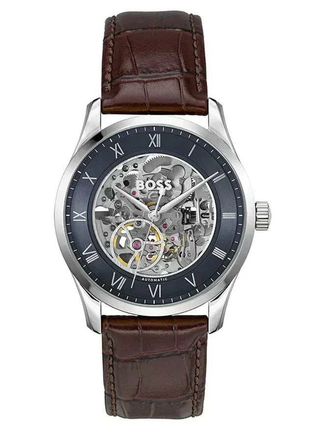 Hugo Boss Principle Skeleton Blue Dial Brown Leather Strap Watch for Men - 1514305