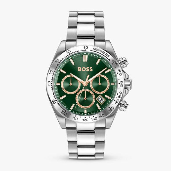 Hugo Boss Hero 2.0 Chronograph Green Dial Silver Steel Strap Watch for Men - 1514268