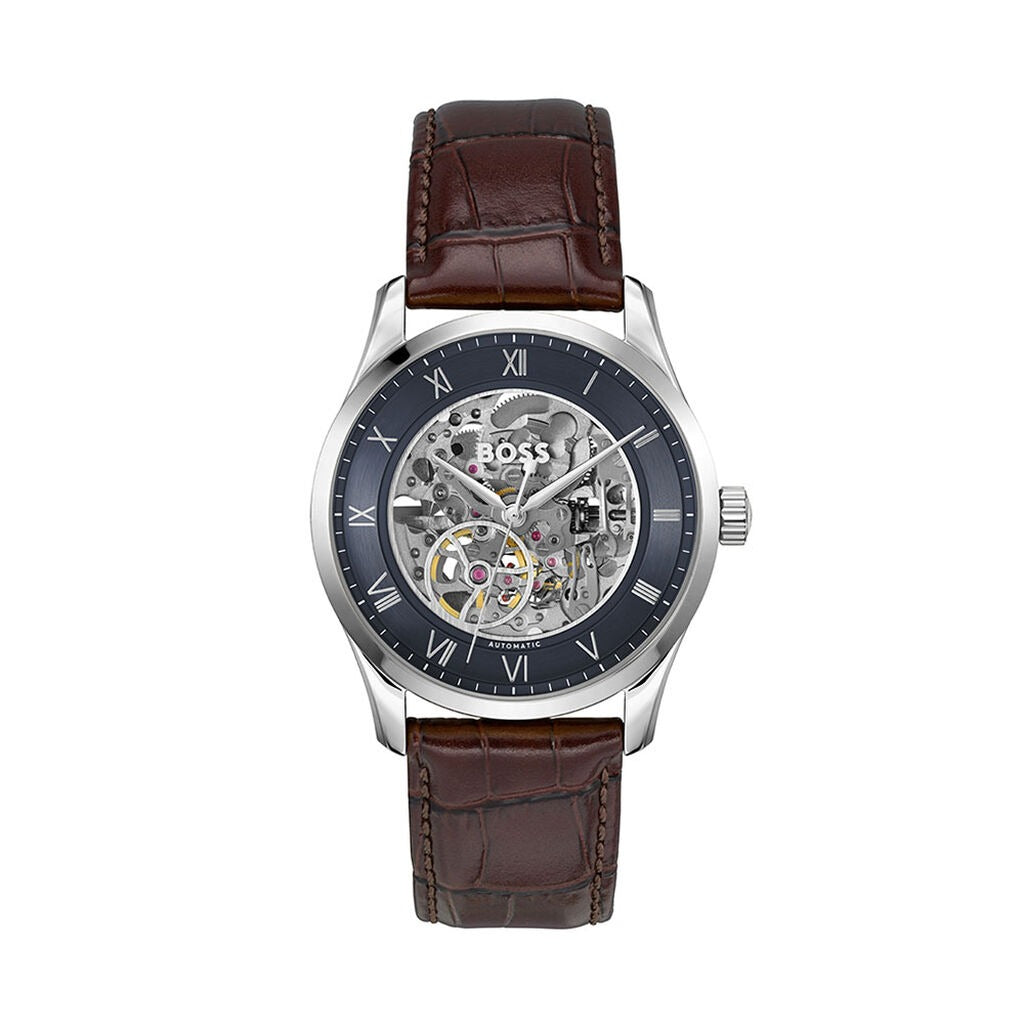 Hugo Boss Principle Skeleton Blue Dial Brown Leather Strap Watch for Men - 1514305