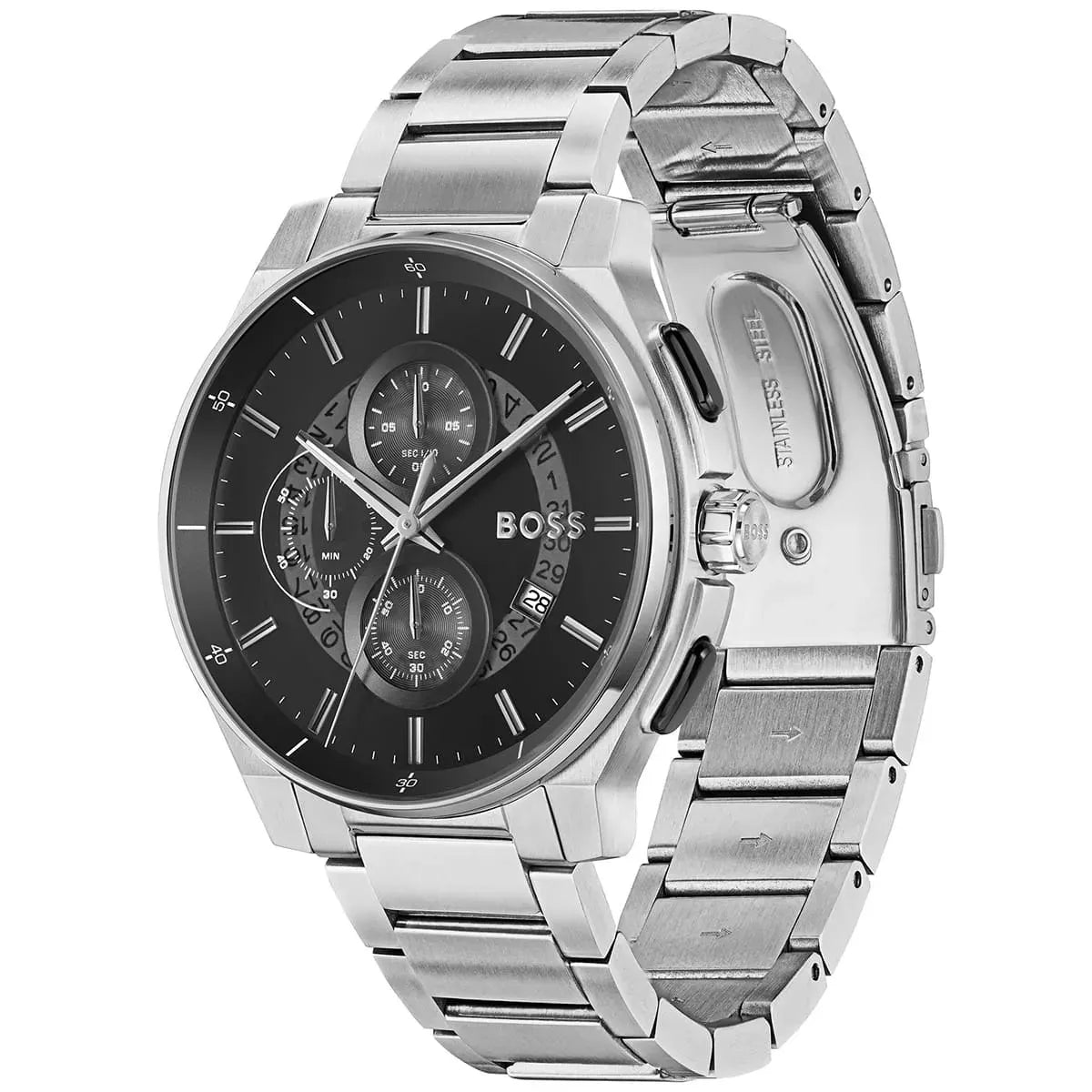 Hugo Boss Peak Chronograph Black Dial Silver Steel Strap Watch for Men - 1514191