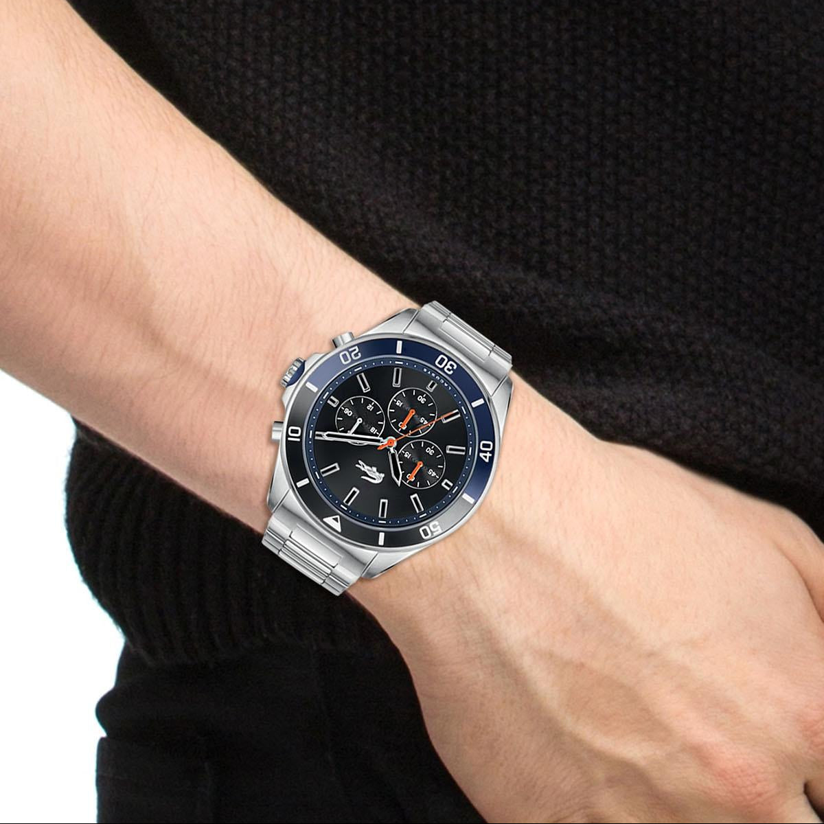 Lacoste Tiebreaker Chronograph Black Dial Silver Steel Strap Watch for Men - 2011155