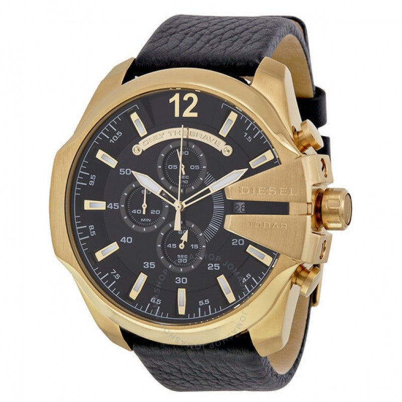 Diesel Mega Chief Chronograph Black Dial Black Leather Strap Watch For Men - DZ4344