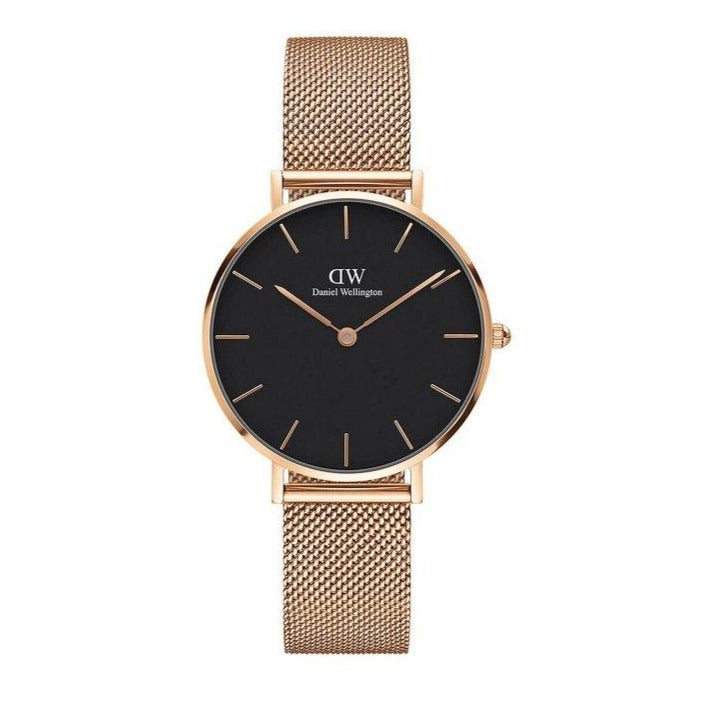 Daniel Wellington Classic Melrose Black Dial Rose Gold Mesh Bracelet Watch For Women - DW00100161