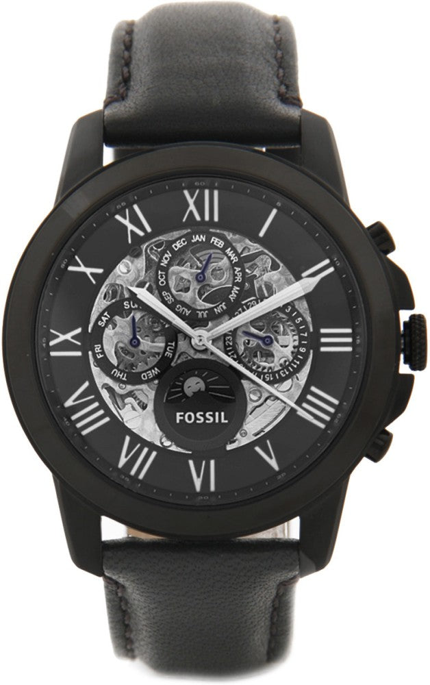 Fossil Grant Automatic Chronograph Black Dial Black Leather Strap Watch for Men - ME3028