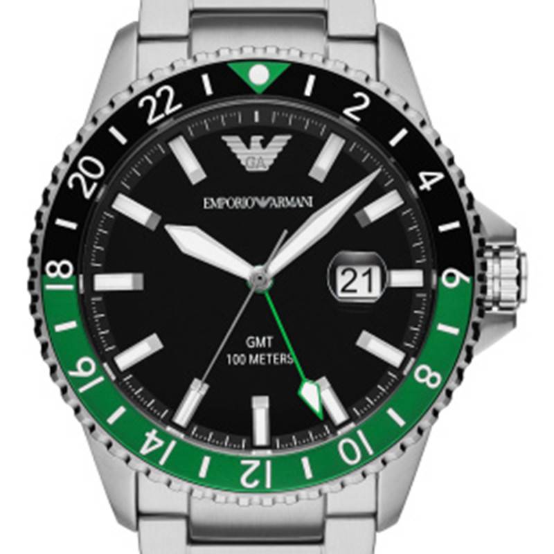 Emporio Armani Sea Explorer GMT Black Dial Silver Steel Strap Watch For Men - AR11589