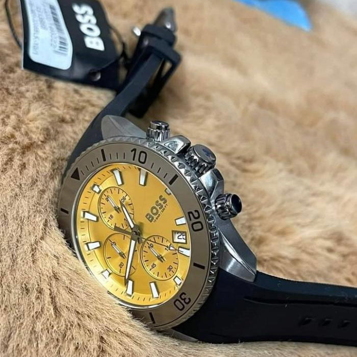 Hugo Boss Admiral Chronograph Yellow Dial Black Rubber Strap Watch for Men - 1513968