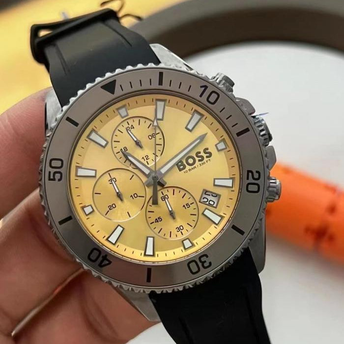 Hugo Boss Admiral Chronograph Yellow Dial Black Rubber Strap Watch for Men - 1513968