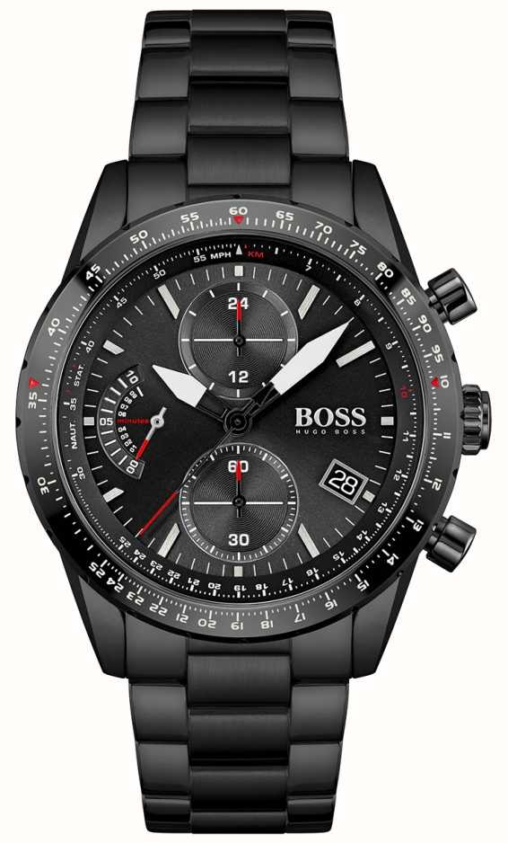 Hugo Boss Aero Chronograph Black Dial Black Steel Strap Watch for Men - 1513771