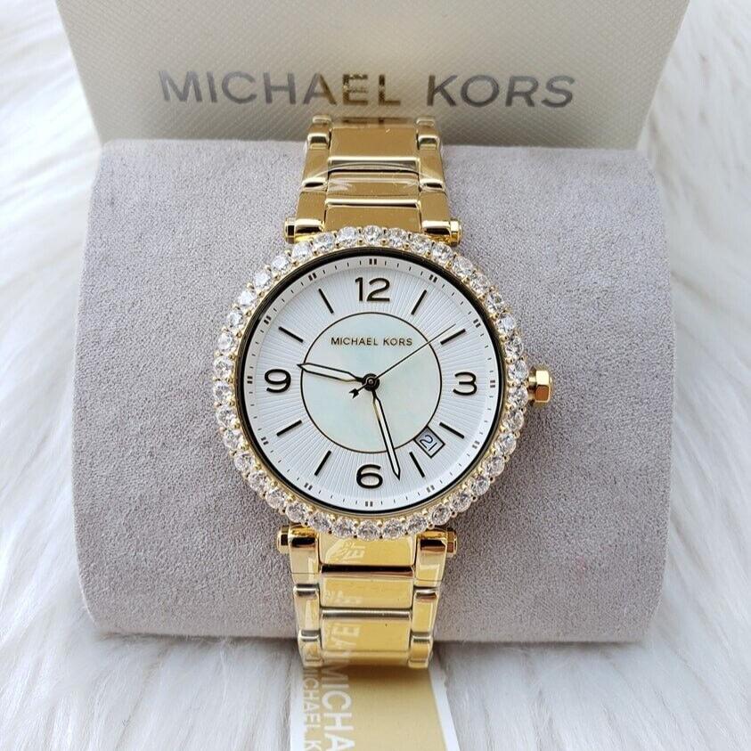 Michael Kors Parker Mother of Pearl White Dial Gold Steel Strap Watch For Women - MK4693