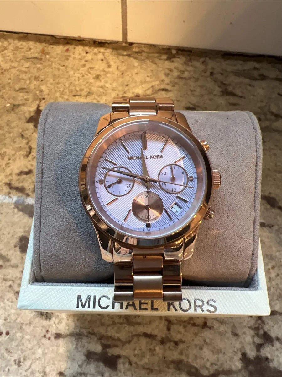 Michael Kors Runway Chronograph Purple Dial Rose Gold Steel Strap Watch For Women - MK6163