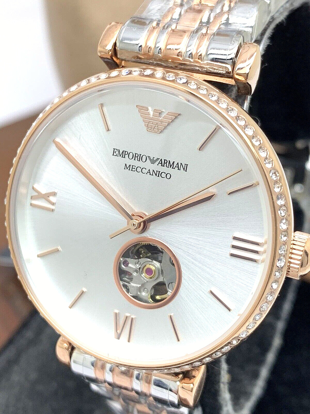 Emporio Armani Meccannico Gianni T-Bar Analog White Dial Two Tone Steel Strap Watch For Women - AR60019