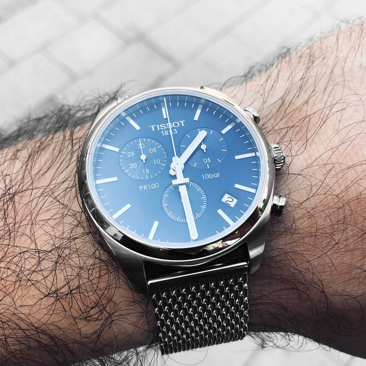 Tissot PR 100 Chronograph Blue Dial Silver Mesh Bracelet Watch for Men - T101.417.11.041.00