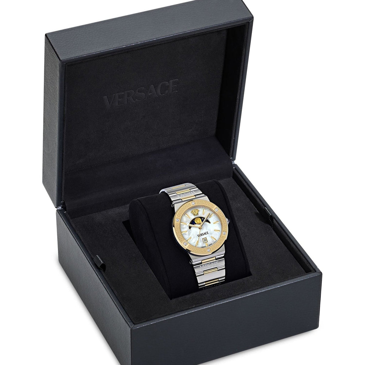 Versace Greca Logo Moonphase Mother of Pearl Dial Two Tone Steel Strap Watch for Women - VE7G00524