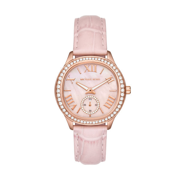 Michael Kors Sage Three-Hand Mother of Pearl Pink Dial Pink Leather Strap Watch for Women - MK4820