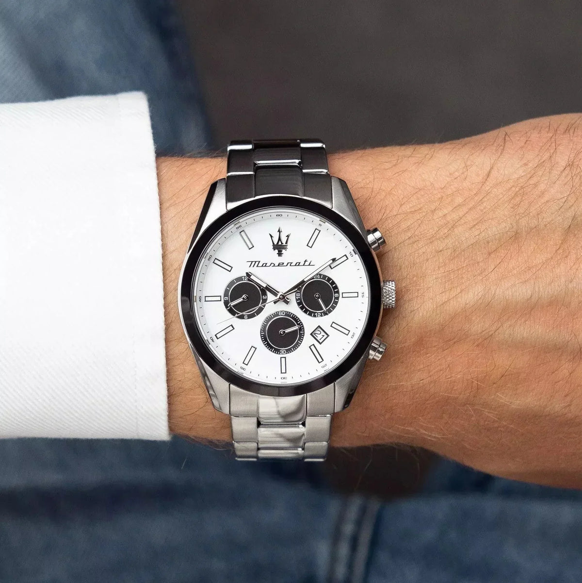 Maserati Attrazione Chronograph White Dial Silver Steel Strap Watch for Men - R8853151004