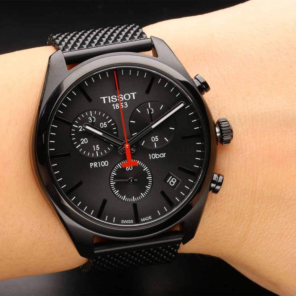 Tissot T Classic PR 100 Chronograph Black Dial Black Mesh Bracelet Watch For Men - T101.417.33.051.00